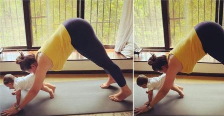 Neha did yoga with her 6 month old son