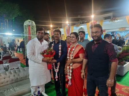 Former Union Minister Upendra Kushwaha and former minister Mukesh Sahni arrive at the Silver Jubilee celebrations of the sister of film actor-producer Sanjay Singh.