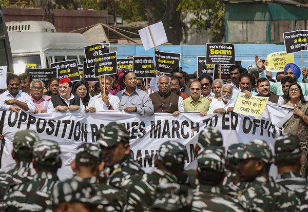 Opposition parties take out march against Adani group to ED headquarters