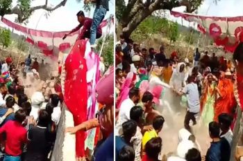 The wall fell on the bride and groom performing the wedding ceremony