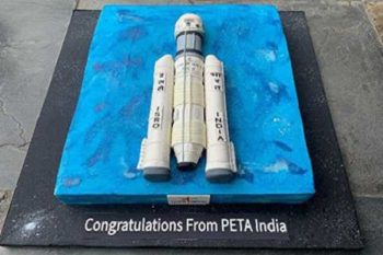 PETA presents rocket-shaped cake to ISRO on Chandrayaan's successful landing