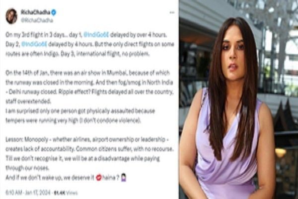 Indigo flight delayed by 4 hours, Richa Chadha posted on social media