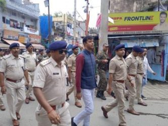 Flag march by the district administration for security arrangements in Ranchi on the occasion of Durga Puja.